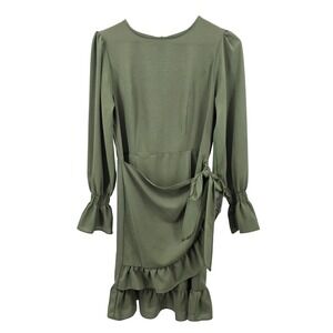 Olive Green Ruffle Wrap‎ Dress Long Sleeve Party Cocktail Event